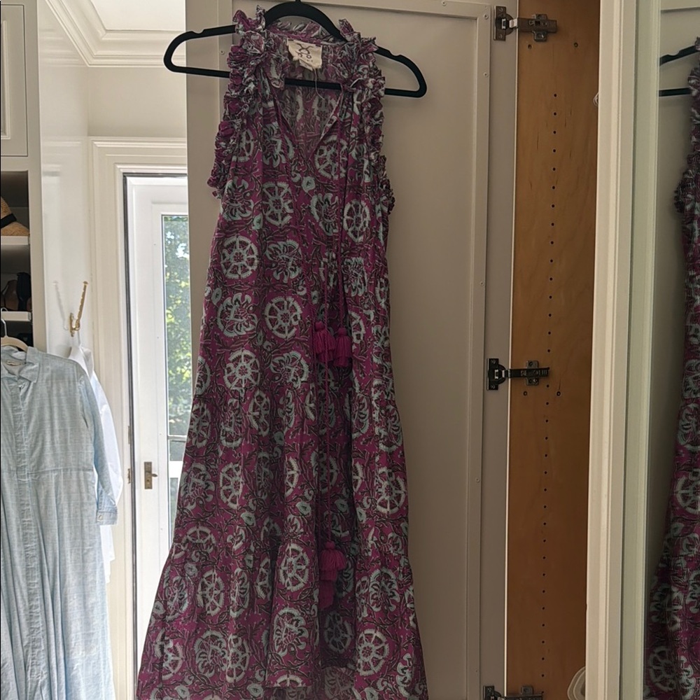 FIGUE - Sleeveless Purple Printed Maxi Dress with Tassel Tie